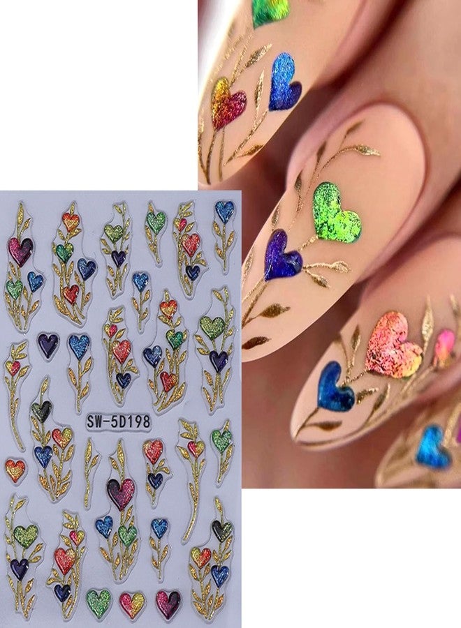 Vopintpy Love Heart Rhinestones Nails Stickers Decals Romantic Valentines Nails Art Stickers Self-Adhesive 5D Embossed Valentines Heart Nail Art Decals for Women DIY Manicure Decorations 2 Sheets - Image 2